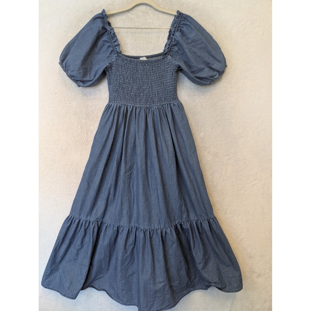 Elloh Midi Dress Women's Small Blue Smocked Puff Sleeve Tiered Square Neck
